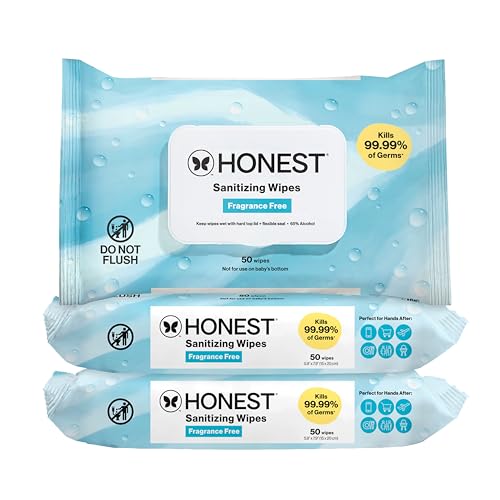 The Honest Company Fragrance-Free Sanitizing Alcohol Wipes, Antibacterial Hand Wipes with Aloe, Kills 99% of Germs, Safe for Hands, 150 Count (3 Packs of 50)