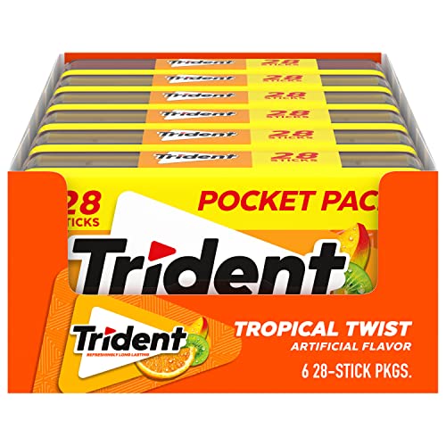 Trident Tropical Twist Sugar-Free Chewing Gum, 6 Pocket Packs of 28 Pieces (168 Total Pieces)