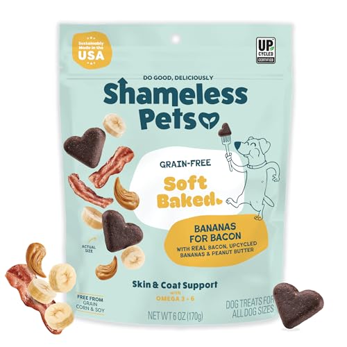 Shameless Pets Soft-Baked Dog Treats, Bananas for Bacon - Natural & Healthy Dog Chews for Skin & Coat Support with Omega 3 & 6 - Biscuits Baked & Made in USA, Free from Grain, Corn & Soy - 1-Pack