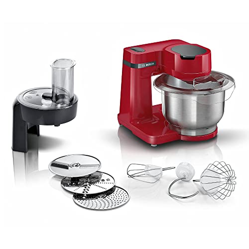 (-57%) Bosch Küchenmaschine Serie 2, kleine Küchenmaschine, Edelstahl-Schüssel 3,8 L, Knethaken, Schlag-, Rührbesen Edelstahl, Durchlaufschnitzler, 3 Scheiben, 700 W, rot, MUMS2ER01