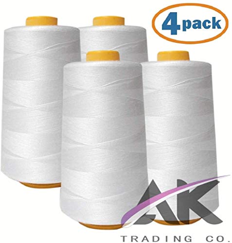 AK Trading 4-Pack White All Purpose Sewing Thread Cones (6000 Yards Each) of High Tensile Polyester Thread Spools for Sewing, Quilting, Serger Machines, Overlock, Merrow & Hand Embroidery