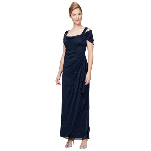 Alex Evenings Women's Long Cold Shoulder Dress (Petite and Regular Sizes), Dark Navy Glitter, 6