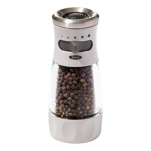 OXO Good Grips Contoured Mess-Free Pepper Grinder, Adjustable Ceramic Grinder with Five Settings, Black Pepper Mill for 