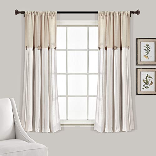 Lush Decor Linen Button Window Curtain Panel, Single, 40" W x 63" L, Linen - Country Curtains - Rustic Decor - Color Block Modern Farmhouse Curtains For Living Room, Bedroom & Dining Room