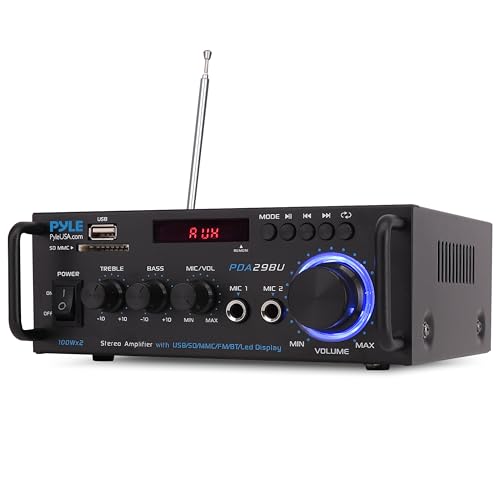 Pyle 200W Wireless Bluetooth Stereo Power Amplifier - Dual Channel Audio Receiver with RCA - USB - SD - MIC IN - FM Radio - AUX Input - Remote Control for Home Theater & Studio Use - PDA29BU