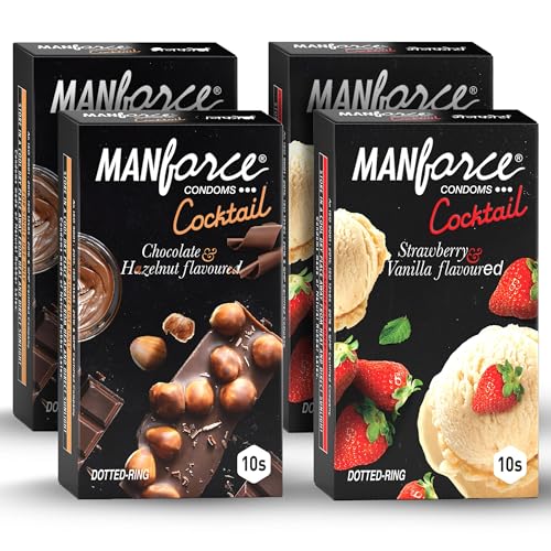 Manforce Cocktail Condoms with Dotted Rings Combo Pack (Strawberry+ Vanilla & Chocolate+ Hazelnut)- 10 Pieces (Pack of 4)