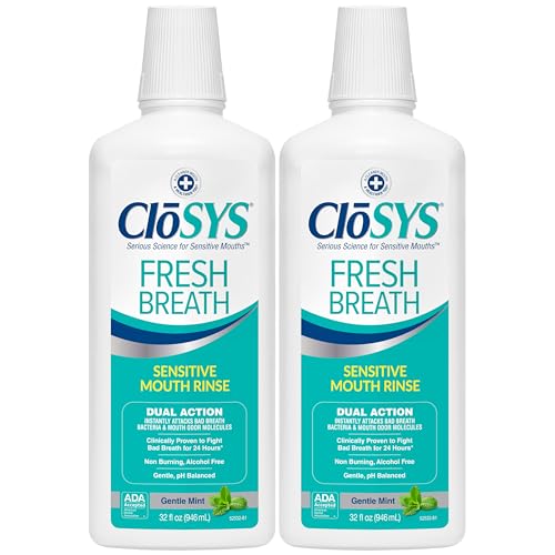 CloSYS Sensitive Mouthwash, 32 Ounce, 2 Count, Gentle Mint, Alcohol Free, Dye Free, pH Balanced, Helps Soothe Mouth Sensitivity, Fights Bad Breath