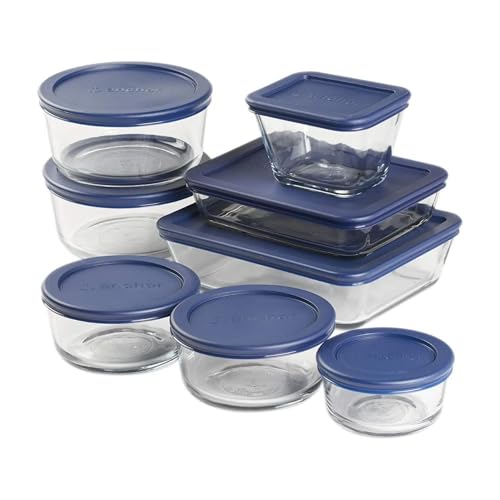 Anchor Hocking 16 Piece Glass Storage Containers with Lids (8 Glass Food Storage Containers & 8 Navy Blue SnugFit Lids)