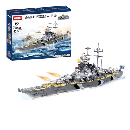 Battleship Bismarck Building Blocks, 538 PCS WW2 Military Model Kit, STEM War Ship Toy...