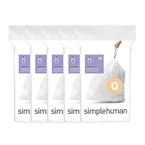 simplehuman Code Q 100 Count, Dispenser Pack Custom Fit Liners, Drawstring Trash Bags, 50-65 Liter / 13-17 Gallon, White