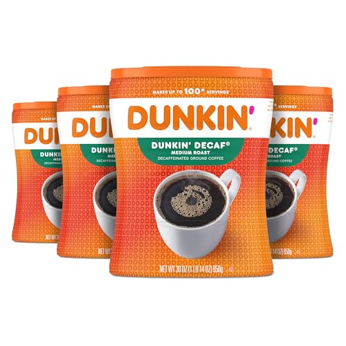 Dunkin' Decaf Medium Roast Decaffeinated Ground Coffee, 30 Ounce (Pack of 4)