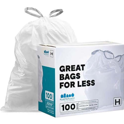 Plasticplace Trash Bags, Compatible with Simplehuman Code H, 8-9 Gallon Trash Can Liners, White Drawstring Garbage Bags, 100 Count Heavy Duty
