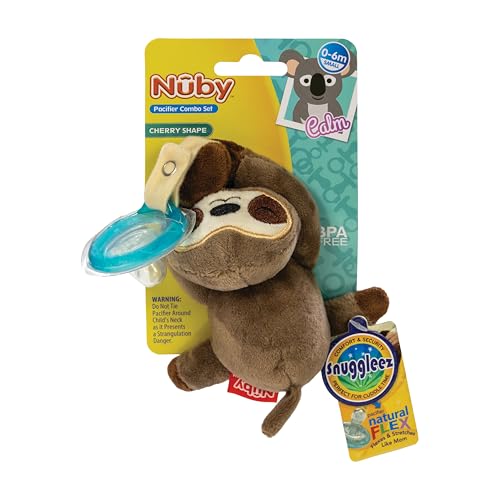 Nuby Sloth Plush Pacifinder with Detachable Silicone Soother - Natural Cherry Shape - Soft Companion for Babies - 0-6 Months