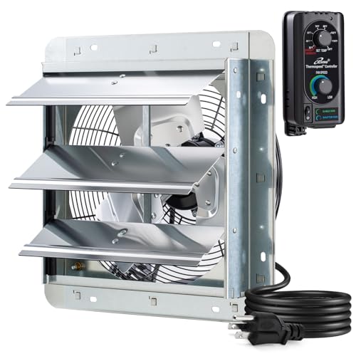 iLIVING 12" Wall Mounted Shutter Exhaust Fan, Automatic Shutter, with Thermostat and Variable Speed controller, 0.6A, 960 CFM, 1400 SQF Coverage Area Silver (ILG8SF12V-ST)