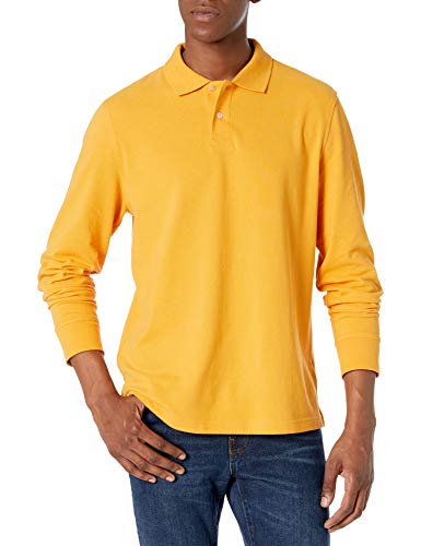 Amazon Essentials Mens Long Sleeve Polo Shirt with Collar, Regular-Fit Pique, Dark Yellow, Medium