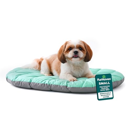 Furhaven Outdoor Travel Dog Bed for Small Dogs w/ Carry Bag, Washable & Foldable, Great for Crates & Kennels - Trail Pup Travel Pillow Mat w/ Stuff Sack Bag - Aqua/Granite Gray, Small