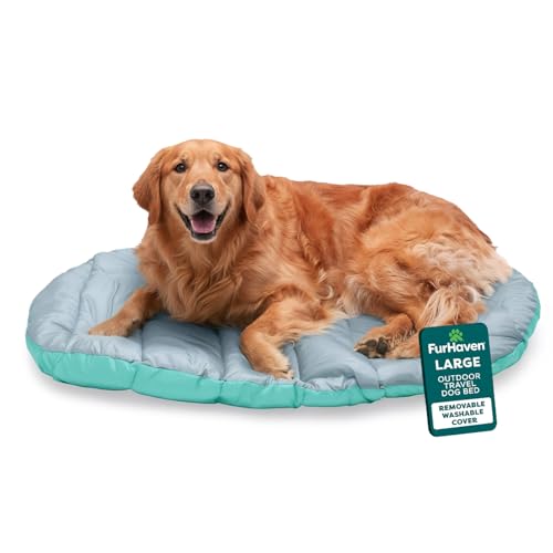 Furhaven Outdoor Travel Dog Bed for Large/Medium Dogs w/ Carry Bag, Washable & Foldable, Great for Crates & Kennels - Trail Pup Travel Pillow Mat w/ Stuff Sack Bag - Aqua/Granite Gray, Large