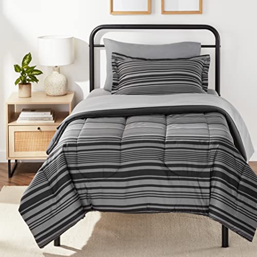 Amazon Basics 5-Piece Lightweight Microfiber Comforter Set with Sheets ,Bed-in-a-Bag Sheets, Gray Calvin Striped Bedding, Twin/Twin XL