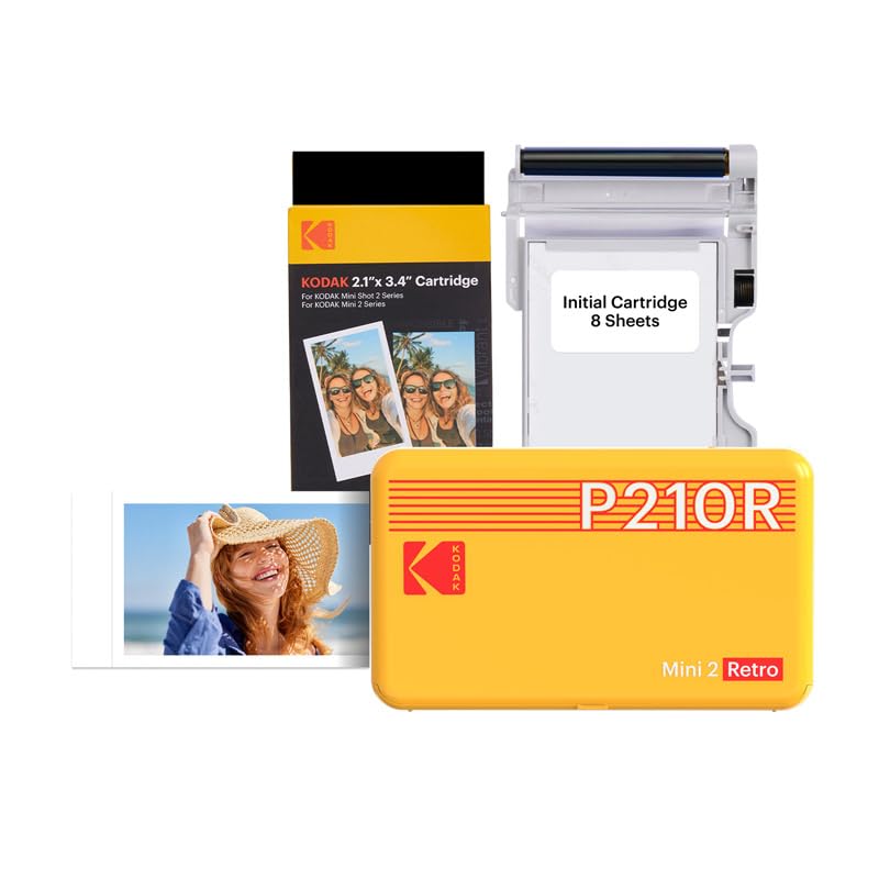 KODAK Mini 2 Retro 4PASS Portable Photo Printer, 2.1x3.4 inches, 68 Sheets Bundle, Yellow