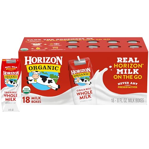 Horizon Organic Shelf Stable Whole Milk Boxes, USDA Certified Organic UHT Milk from Pasture-Raised Cows, No Refrigeration Required, 8 fl oz, 18 Count​