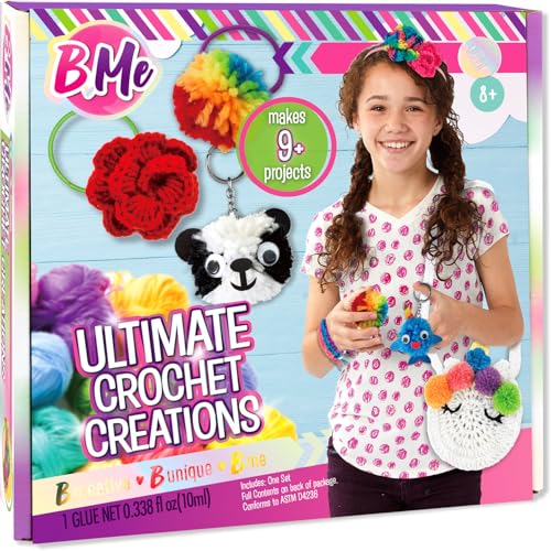 DIY All in One Crochet Knitting Kit for Beginners Starter Arts & Craft Set for Kids Teens Tweens & Adults – How to Learn Make Your Own Yarn Pom Poms – Birthday Gift for Kids Ages 8+