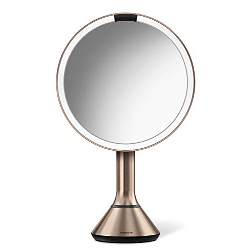 simplehuman Sensor Mirror, Lighted Makeup Mirror with Magnification (5X), 8" Round Magnifying Vanity Mirror with Lights, Cordless, Rose Gold Stainless Steel