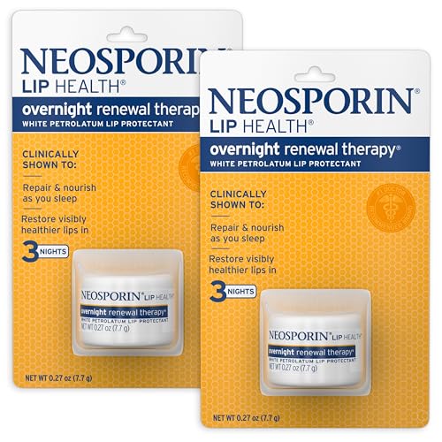 Neosporin Lip Health Overnight Renewal Therapy White Petrolatum Lip Protectant/Moisturizer to Nourish & Repair Dry Lips, Helps Relieve, Prevent & Protect Chapped Lips, 0.27 oz, 2 Pack