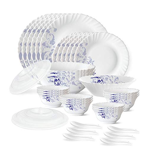 Larah by Borosil 35 Pieces Blue Eve Opalware Dinner Set for Family of 6 | Microwave & Dishwasher Safe Silk Series Crockery for Dining & Gifting, Bone 