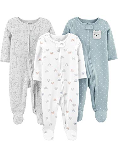 Simple Joys by Carter's Unisex Babies' Cotton Footed Sleep and Play, Pack of 3, Bear/Llama/Rainbow, 3-6 Months