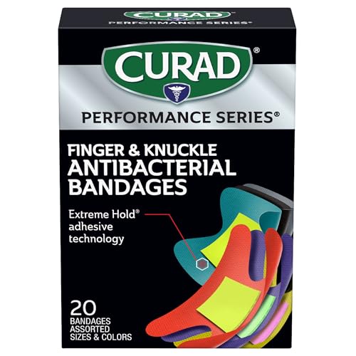CURAD Performance Series IRONMAN Antibacterial Bandages, Extreme Hold Adhesive Technology, Finger & Knuckle Bandages, Flexible Fabric, Variety Pack with Assorted Sizes & Colors, 20 Count
