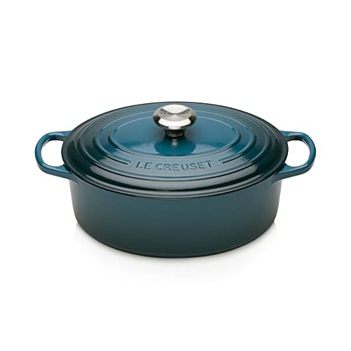 Le Creuset Signature Gusseisen-Bräter mit Deckel, Ø 27 cm, Oval, Für alle Herdarten und Induktion geeignet, Volumen: 4,1 l, 4,425 kg, Deep Teal, 21178