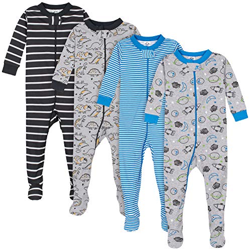 Gerber Baby Boys 4-Pack Footed Pajamas, Dinosaurs Space Grey, 18 Months