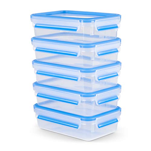 (-32%) EMSA Clip & Close Frischhaltedosen-Set, rechteckig, 5 X 0,8 L, Aufbewahrungsboxen, 100 Prozent dicht, spülmaschinen-, gefrier-, mikrowellenfest, Transparent, Blau, Made in Germany, N10307
