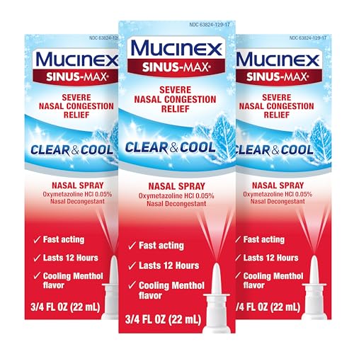 Mucinex Sinus-Max Nasal Spray Decongestant, 12 Hour Over-The-Counter Medication Nose Spray for Sinus Relief, Nasal Decongestants for Adults, Cooling Menthol, 0.75 Fl Oz (Pack of 3)