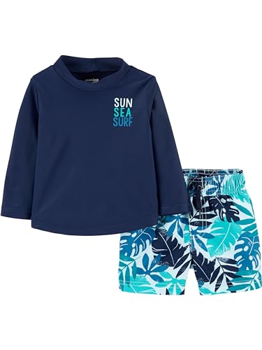 ⚡ BLITZDEAL (-82%) Simple Joys by Carter's Baby Jungen Swimsuit Trunk and Rashguard Rash-Guard-Set, Marineblau Weiß Tropisch, 6-9 Monate