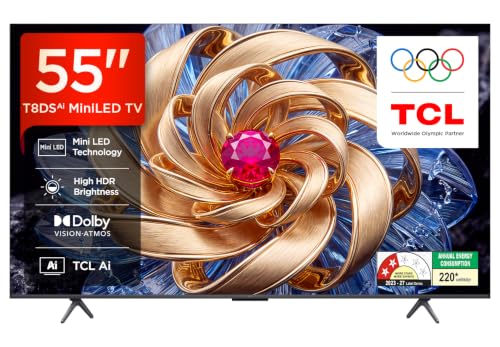 TCL 139 cm (55 Inches) 4K UHD Smart Mini LED Google TV | QD-Mini LED Technology | 120Hz DLG | Dolby Atmos | 55T8DS TCL 139 cm (55 Inches) 4K UHD Smart