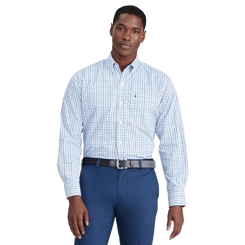 IZOD Men's Advantage Performance Plaid Long Sleeve Stretch Button Down Shirt, Turkish Sea, Large