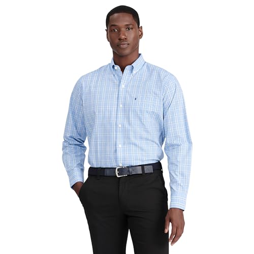 IZOD Men's Advantage Performance Plaid Long Sleeve Stretch Button Down Shirt, Blue Revival, Large