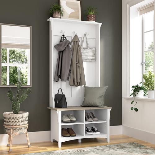 Bush Furniture Salinas Hall Tree with Shoe Storage Bench in Shiplap Gray and Pure White, Multi-Purpose Home Organizer, Entryway Solution with Seating and Hooks