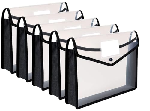 ThinkTex Plastic Expanding File Folder, Transparent envelopes with Snap Closure, No Dividers, Large Capacity, Assorted Colors, Fit Letter/A4 Size - 5 Packs