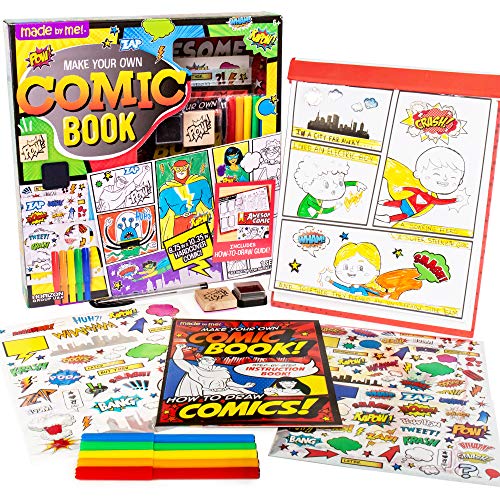 Made By Me Make Your Own Comic Book Storytelling Kit for Kids, 15-Page, Hardcover, How-to Draw Instructional Guide, Comic Inspired Stickers & Stamp, Holographic Stickers, 5 Vibrant Markers