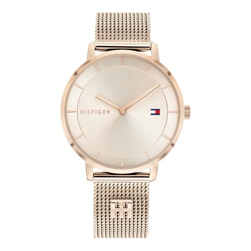 (-39%) Tommy Hilfiger Analog Quarzuhr für Damen mit Rotgoldfarbenes Edelstahl-Mesh-Gliederarmband - 1782287