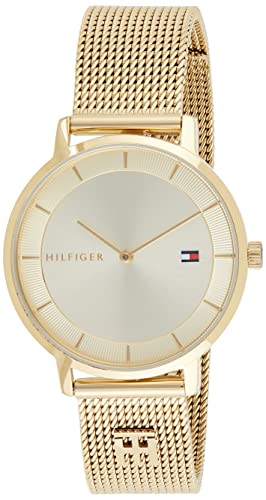 23,79€ Coupon! Tommy Hilfiger Analog Quarzuhr für Damen mit Goldfarben Edelstahl-Mesh-Gliederarmband - 1782286