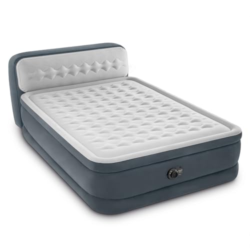 Intex 64447ED Dura-Beam Deluxe Ultra Plush Air Mattress with Headboard: Fiber-Tech – Queen Size – Built-in Electric Pump – 18in Bed Height – 600lb Weight Capacity