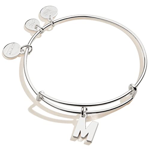 Alex and Ani Expandable Bangle for Women, Initial M Letter Charm, Shiny Silver Finish, 2 to 3.5 in