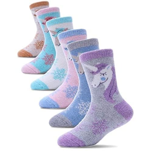 ProEtrade Merino Wool Socks for Kids Toddlers Boys Girls Thick Warm Winter Hiking Heavy Thermal Cozy Crew Boot Unicorn Gift Stocking Stuffers Socks 6 Pack (Unicorn,4-7 Y)