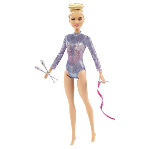 Barbie Rhythmic Gymnast Blonde Doll (12-in/30.40-cm) with Colorful Metallic Leotard, 2 Clubs & Ribbon Accessory, Great Gift for Ages 3 Years Old & Up