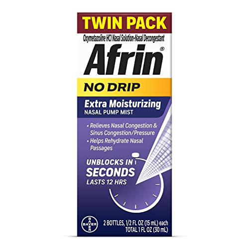 Afrin No Drip Extra Moisturizing Nasal Mist Twin Pack, Non-Drowsy, Fast-Acting Decongestant for Sinus Pressure and Dry Nasal Passages, Adults and Children 6 and Older, .5 fl oz (Pack of 2)