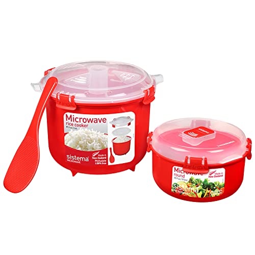 Sistema Heat & Eat Microwaveable Rice Cooker & Food Container Set with Steam Release Vents, Microwave Rice Cooker & Round Food Storage Co...