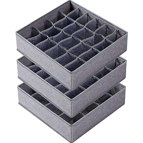 Criusia 3 Pack Sock Underwear Drawer Organizer Dividers, 64 Cell Fabric Foldable Dresser Organizer for Closet Organizers and Storage Boxes for Organizing Socks, Underwear, Ties (16+24+24 Cell, Gray)